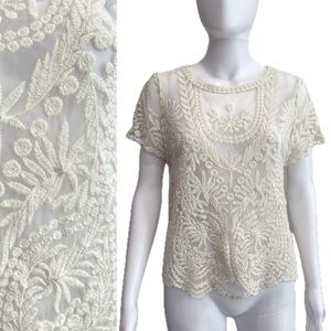 Hinge Sheer Mesh Embroidered Shell Top Womens Size Small Ivory Short Sleeve